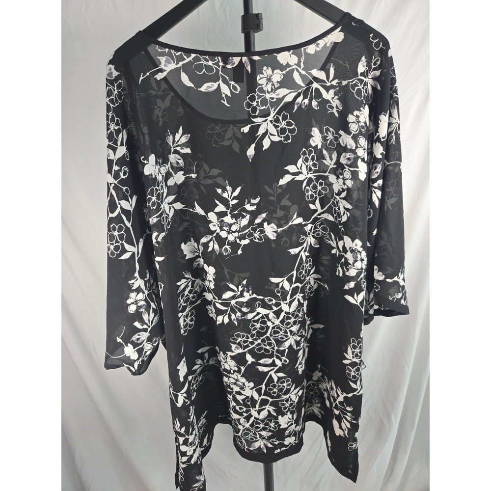 Black White Floral Sheer Chiffon Top Sz 2X Flowy Chic Office Garden Party Career